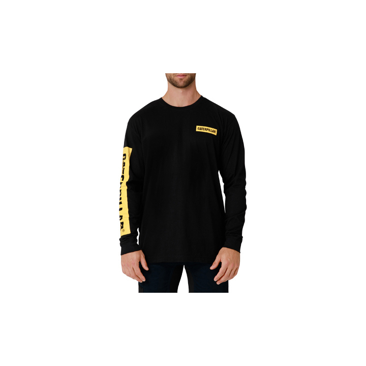 Caterpillar Clothing Pakistan Sale - Caterpillar Icon Block Long Sleeve Mens T-Shirts Black/Yellow (853462-CVP)